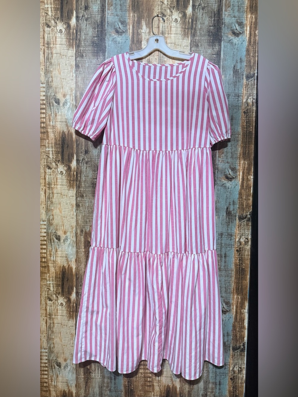 SHEIN Pink and White Striped Tiered Maxi Dress